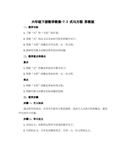 六年级下册数学教案-7.3 式与方程 苏教版