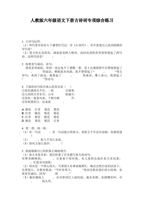 人教版六年级语文下册古诗词专项综合练习