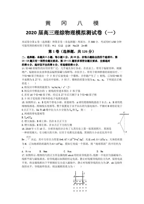 2020届湖北省黄冈八模高三模拟理综物理测试卷(一)