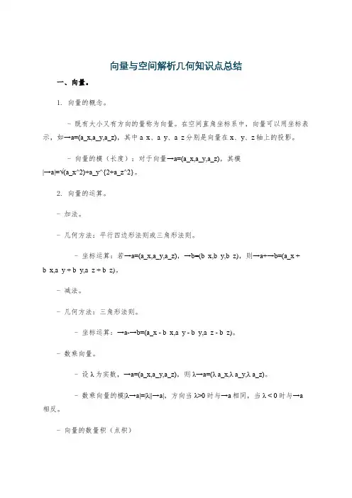 向量与空间解析几何知识点总结