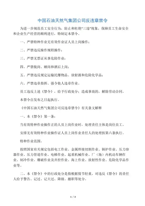 中国石油天然气集团公司反违章禁令