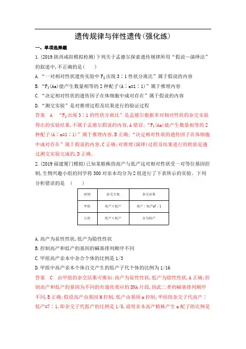 2020届高考生物山东版二轮复习训练题：遗传规律与伴性遗传(强化练) 