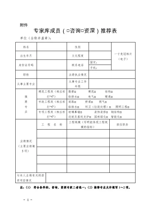 专家库成员(□咨询□资深)推荐表