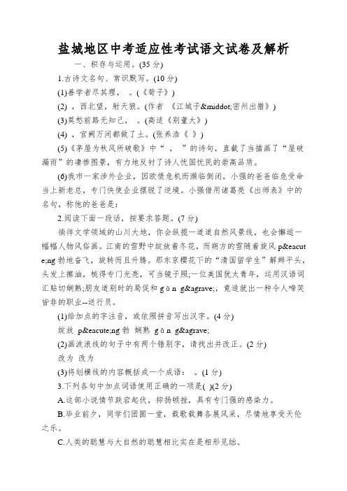 盐城地区中考适应性考试语文试卷及解析