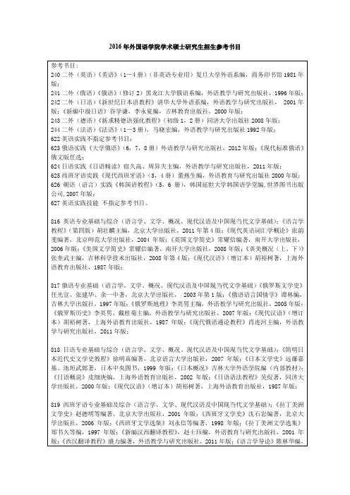 2016年外国语学院学术硕士研究生招生参考书目