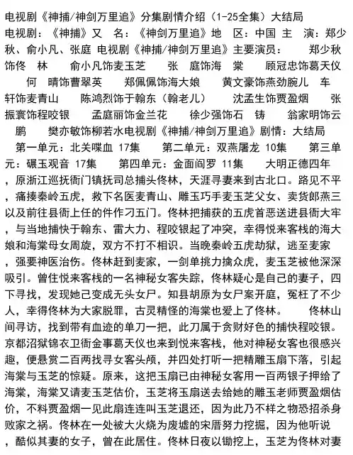 电视剧《神捕-神剑万里追》分集剧情介绍（1-25全集）大结局