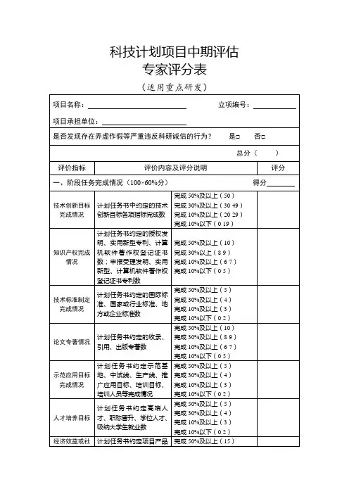 科技计划项目中期评估专家评分表
