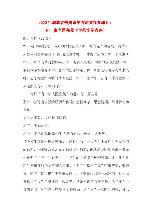 2020年湖北省鄂州市中考语文作文题目：有一束光照亮我(含范文及点评)