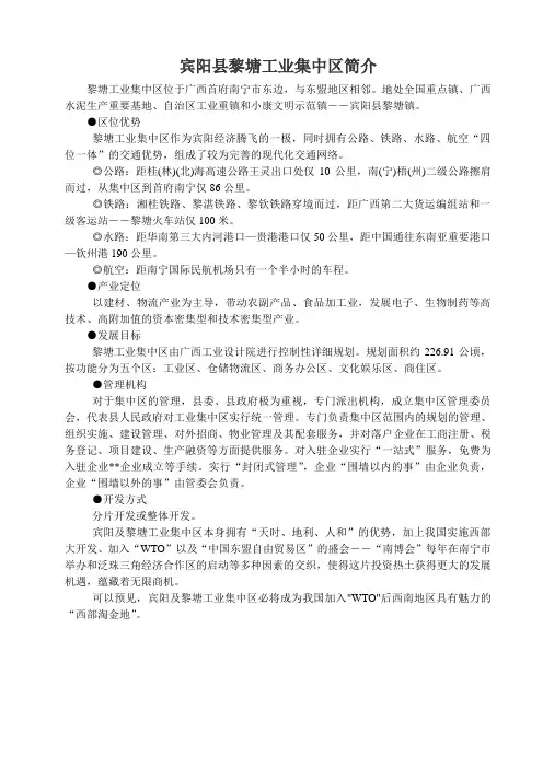 宾阳县黎塘工业集中区简介