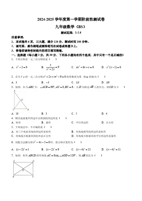 河南省平顶山市宝丰县名校联盟2024-2025学年九年级上学期9月月考数学试题(含答案)