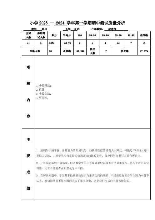 五年级数学下册期中质量分析