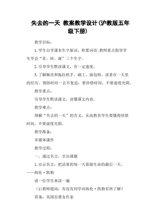 失去的一天 教案教学设计(沪教版五年级下册)