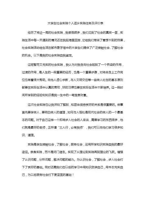 大学生社会实践个人返乡实践任务及评价表