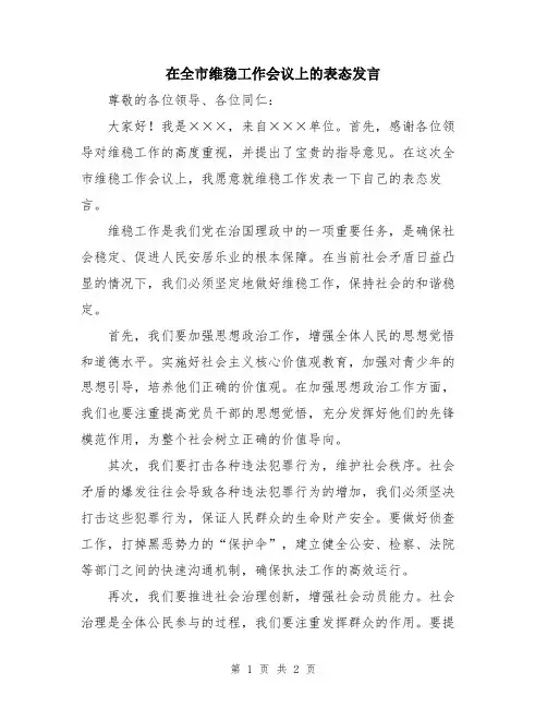 在全市维稳工作会议上的表态发言