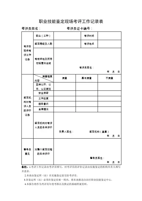职业技能鉴定现场考评工作记录表