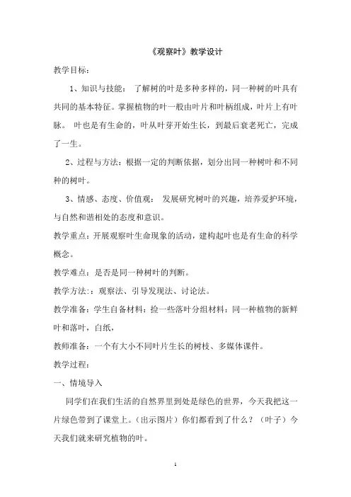 小学科学一年级观察叶教案