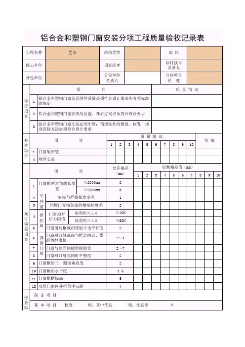 铝合金和塑钢门窗安装分项工程质量验收记录表