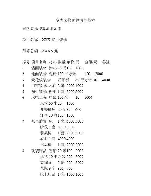 室内装修预算清单范本
