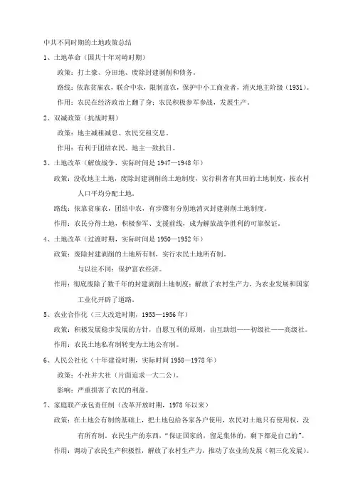 中共不同时期的土地政策