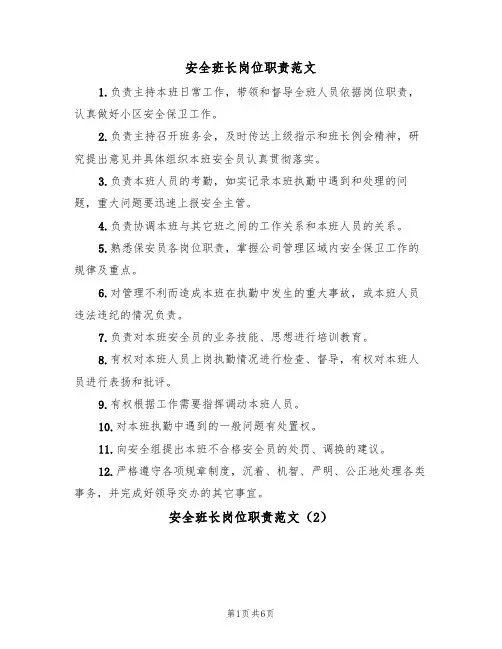 安全班长岗位职责范文(3篇)