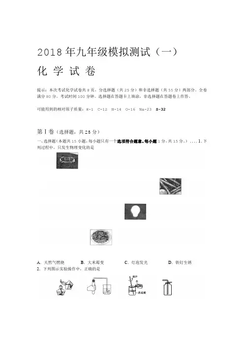 2018初三化学中考模拟试题及答案八