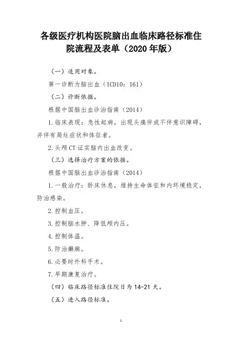 各级医疗机构医院脑出血临床路径标准住院流程及表单(2020年版)