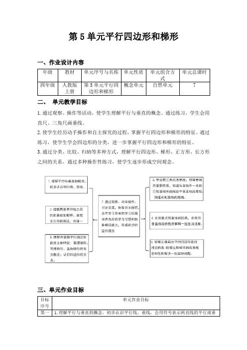 四年级数学作业设计 第5单元平行四边形和梯形