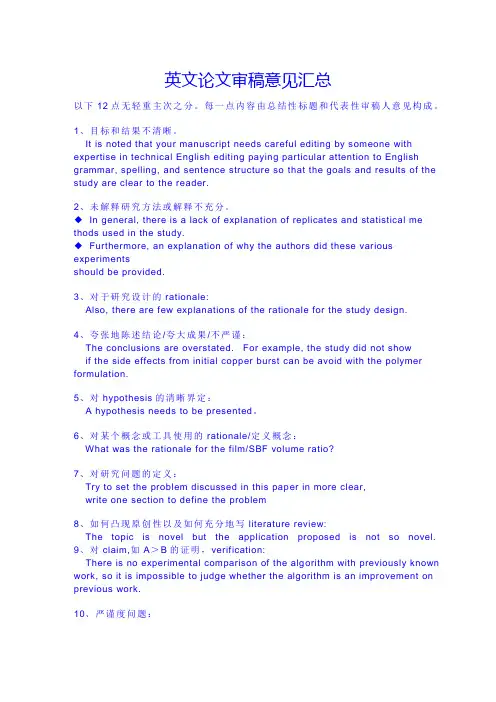 SCI英文论文审稿意见汇总