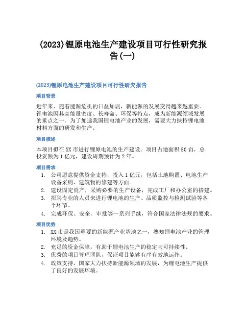 (2023)锂原电池生产建设项目可行性研究报告(一)