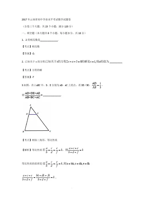 2017年云南省初中学业水平考试数学试题卷(解析版)