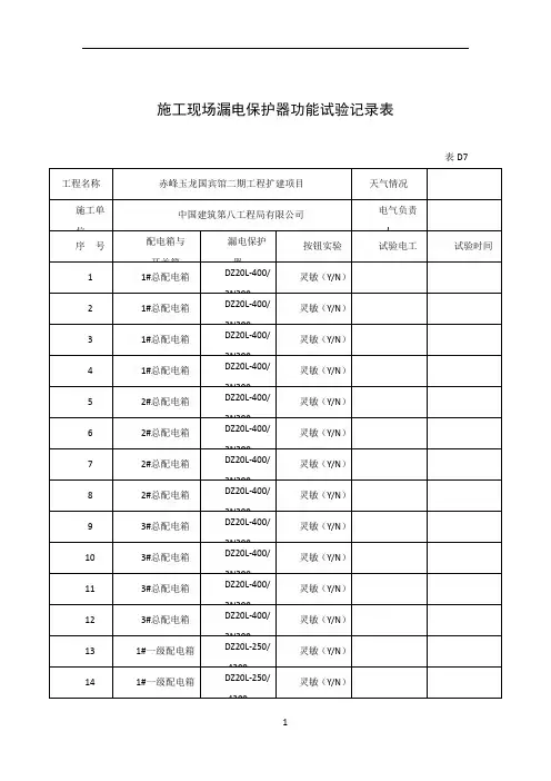 施工现场漏电保护器功能试验记录表