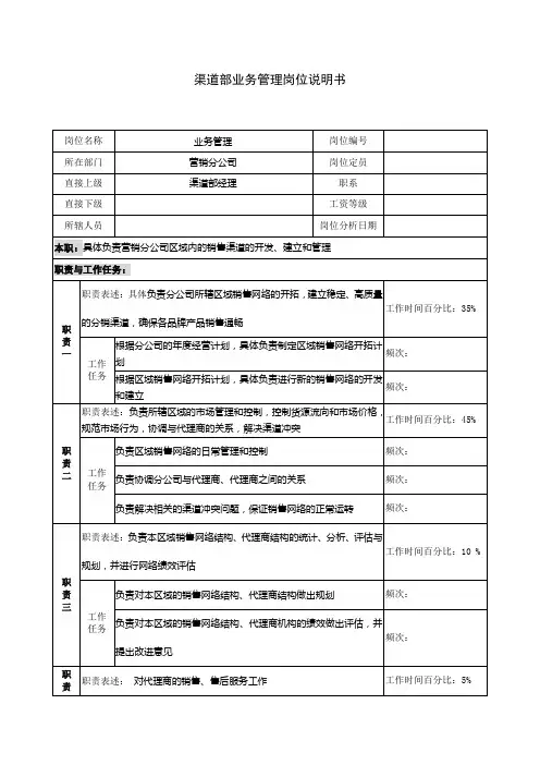 渠道部业务管理岗位说明书