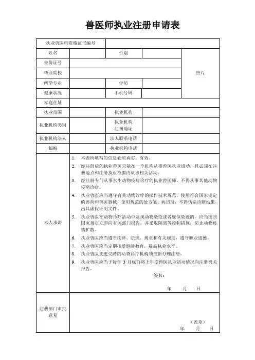 兽医师执业注册申请表