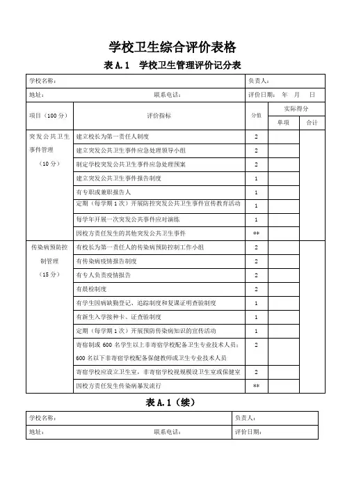 学校卫生综合评价表