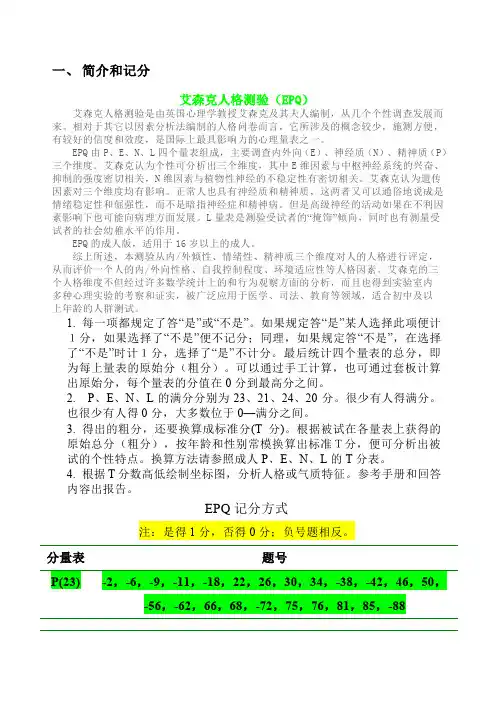 艾森克人格测验分量表计分
