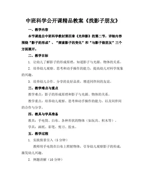 中班科学公开课精品教案《找影子朋友》