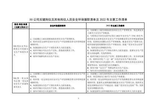 关键岗位及其他岗位人员安全环保履职清单及2022年主要工作清单