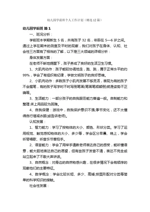 幼儿园学前班个人工作计划（精选12篇）