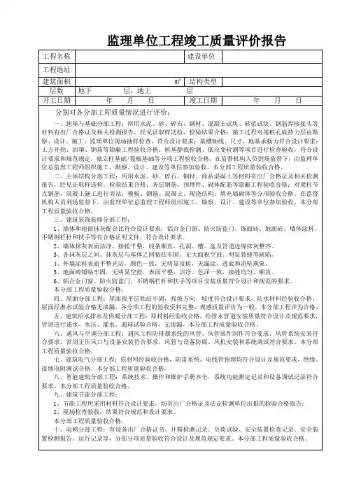 房建项目监理单位工程竣工质量评估报告(范本)