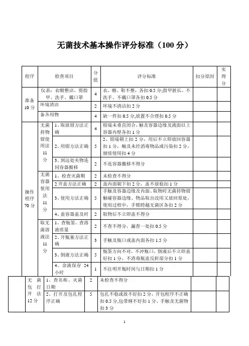 无菌技术基本操作评分标准