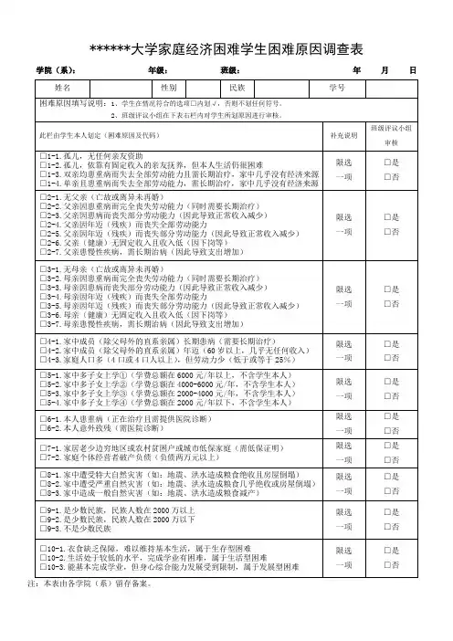 大学家庭经济困难学生困难原因调查表