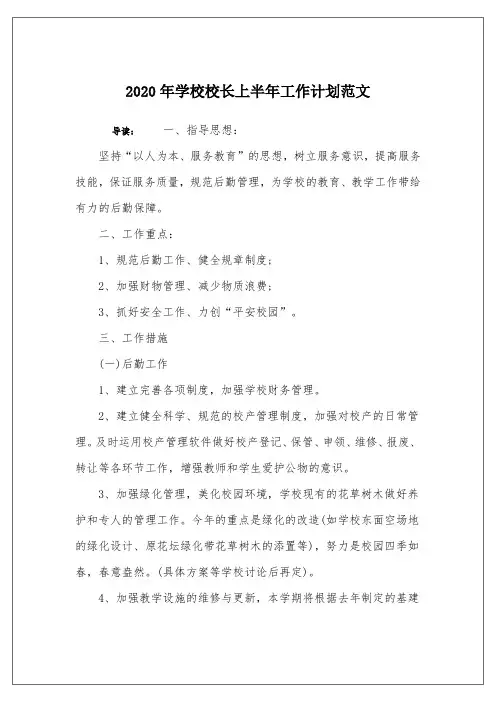 2020年学校校长上半年工作计划范文