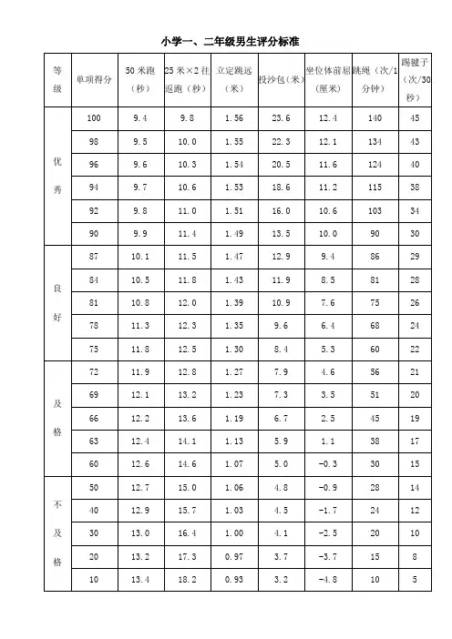 2013年版本国家体质健康小学生评分标准