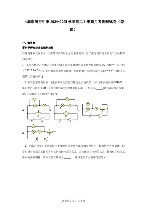 上海市闵行中学2024-2025学年高二上学期月考物理试卷(等级)