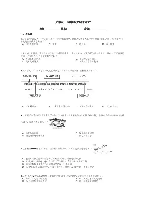 安徽初三初中历史期末考试带答案解析

