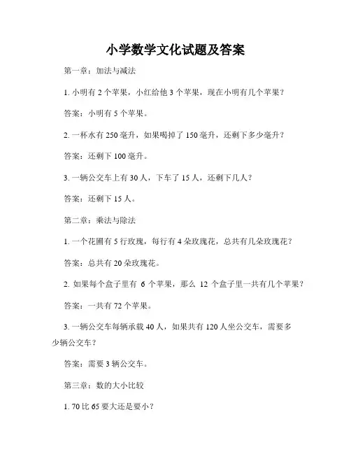小学数学文化试题及答案