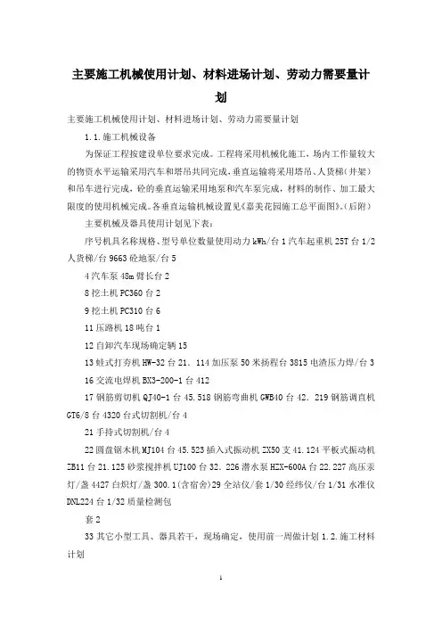 主要施工机械使用计划、材料进场计划、劳动力需要量计划