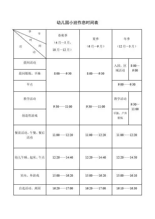 幼儿园作息时间表