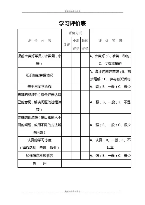 最新学生学习评价量表88300