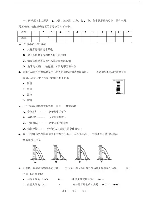 (完整版)八年级物理第二学期期末试卷及答案苏教版.docx